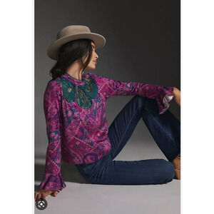 Anthropologie TINY Brenan Flutter Sleeve Top Purple Turquoise Womens XXS NWT